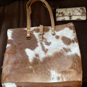 Myra Bag Leather Hairon Brown and White Cowhide Tote Bag and matching wallet